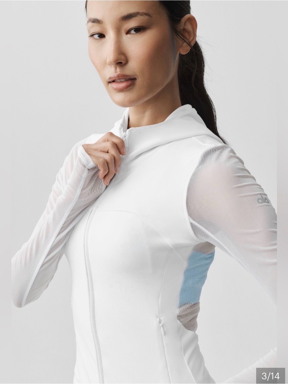 ALO sheer sleeve and back White Lightweight Hooded  with Mesh Sleeves xs